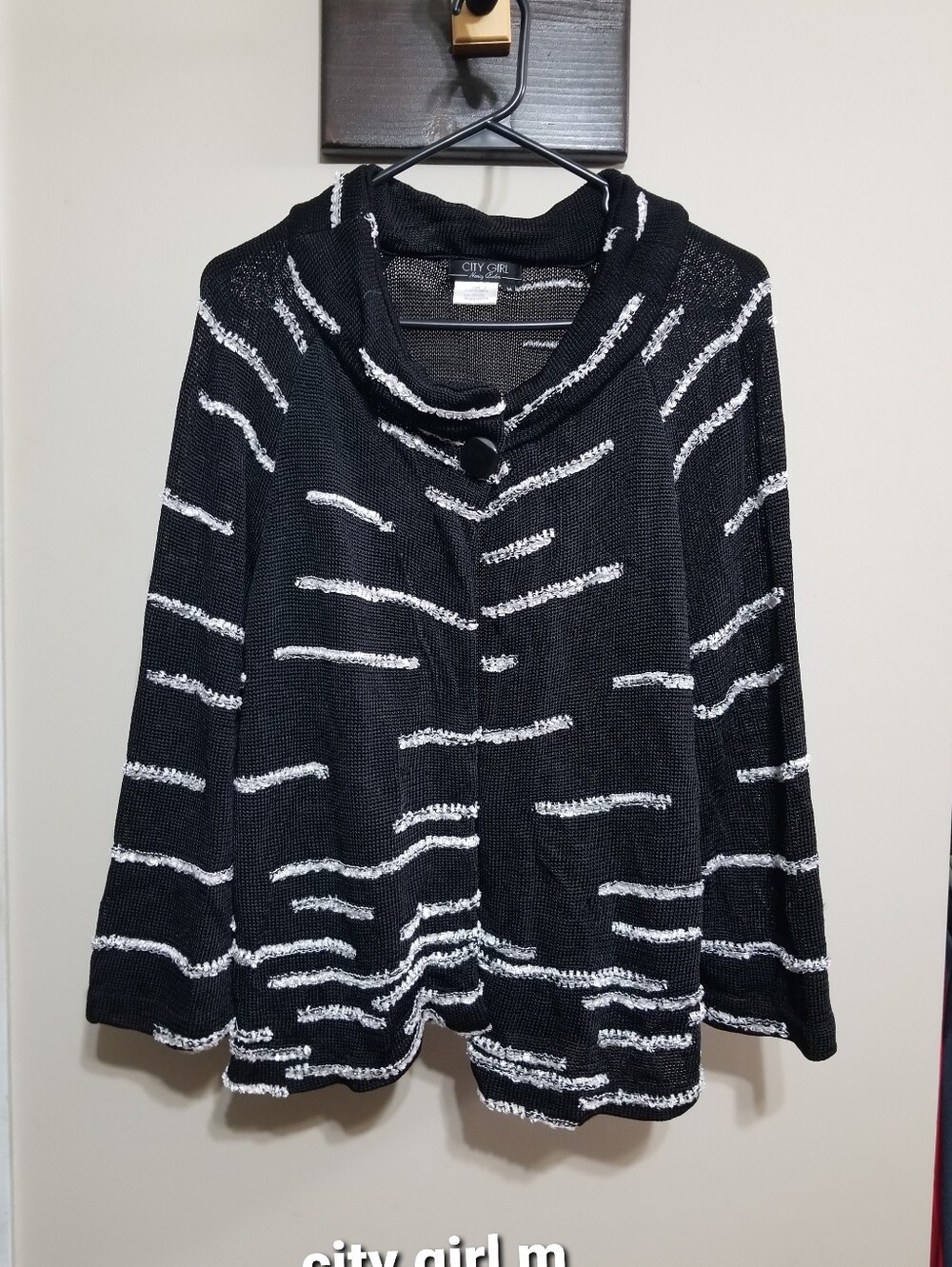 City Girl Cardigan Black, White Striped Cozy Sweater Medium